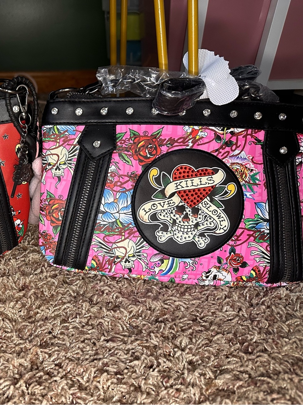 Ed Hardy Pink Tattoo-Print Mini Crossbody with Skull Heart Patch